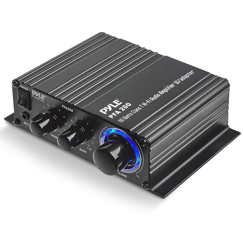 Pyle Home Mini Audio Amplifier - 60W Portable Dual Channel Surround Sound HiFi Stereo Receiver w/ 12V AC Adapter, AUX, MIC IN, Supports Smart Phone, iPhone, iPod, MP3 For 2-8ohm Speakers - PFA200 - Image 1